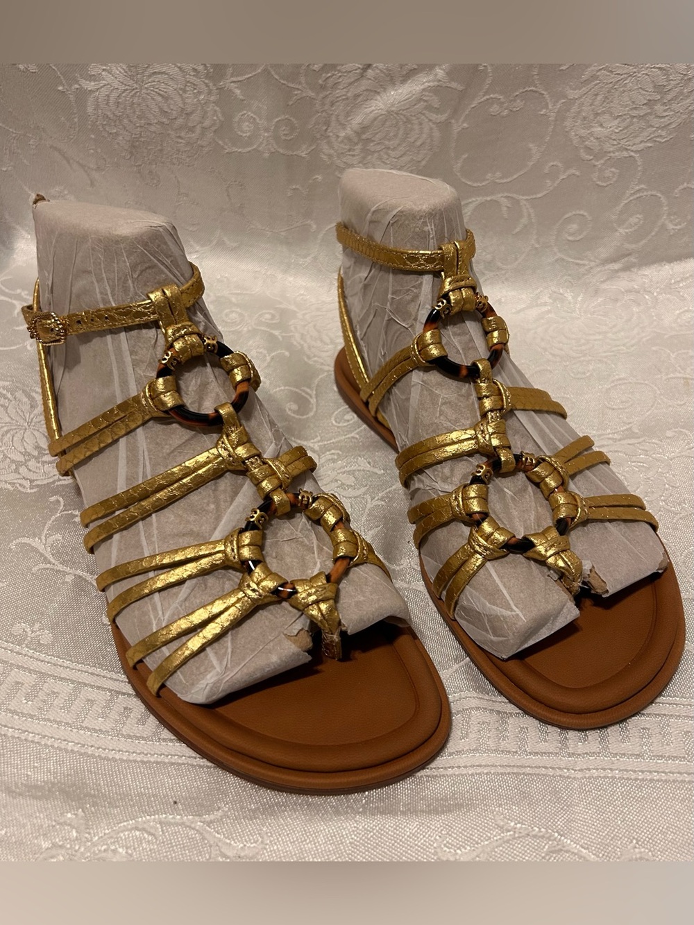 Sam Edelman Metallic Gold Gladiator Sandals with Tortoiseshell Rings